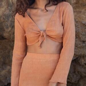 Savannah Morrow Amarillo Silk Bamboo Crop Top XS Sandstone Long Sleeve Tie Knot